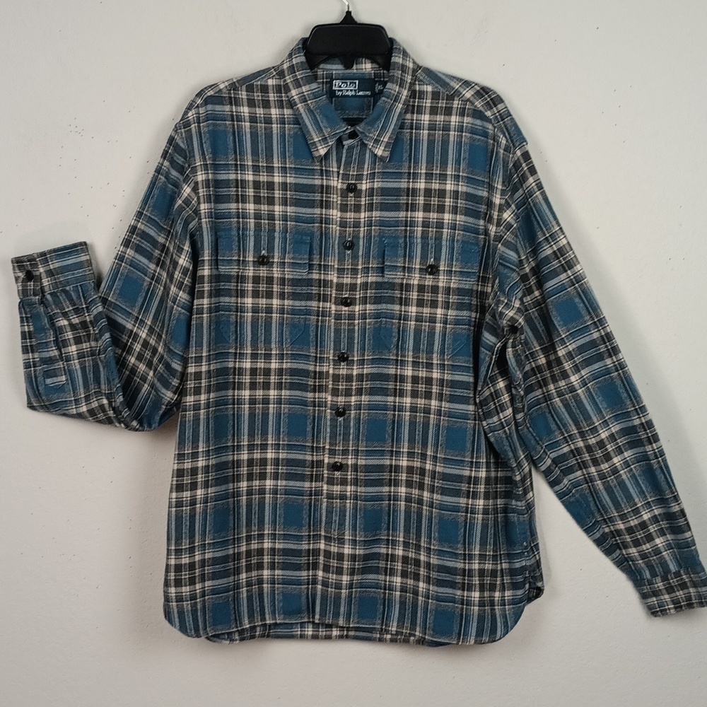 Ralph Lauren Vintage Men's Blue Plaid Flannel Long Sleeve Button-Up Shirt sz XL